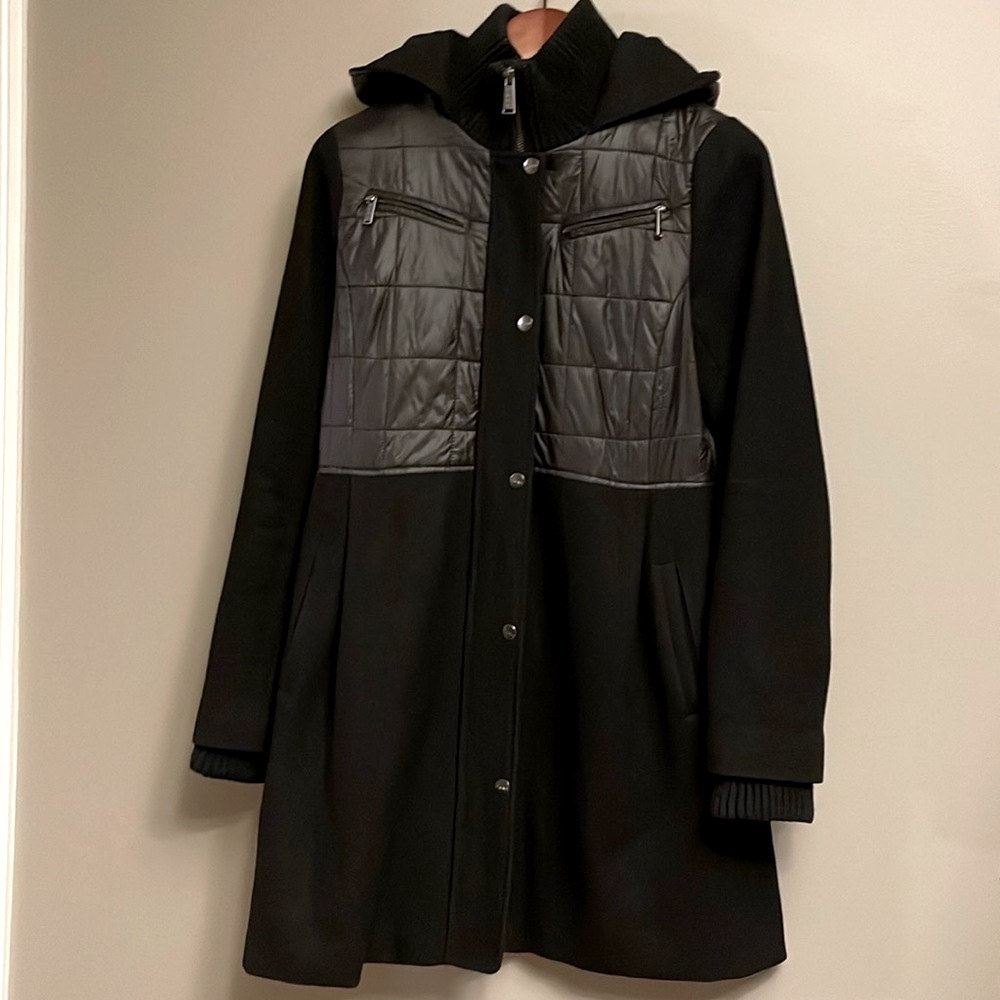 DKNY | Wool Mix Coat with Quilted Front, Back and Hooded Jacket, Black - sz 2